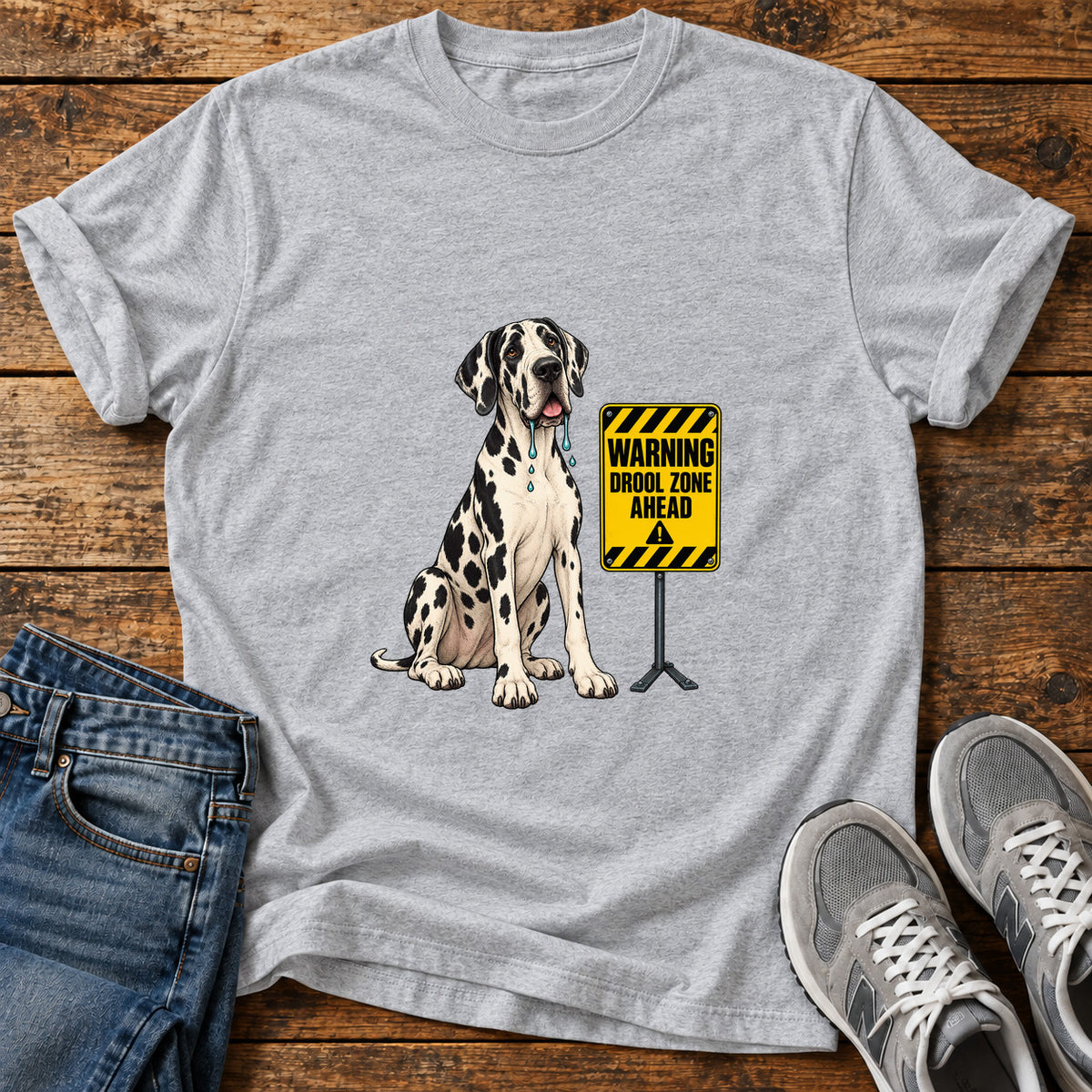 Drool Zone Warning Great Dane graphic T-shirt in Sport Grey, shown on a flat-lay shirt mockup