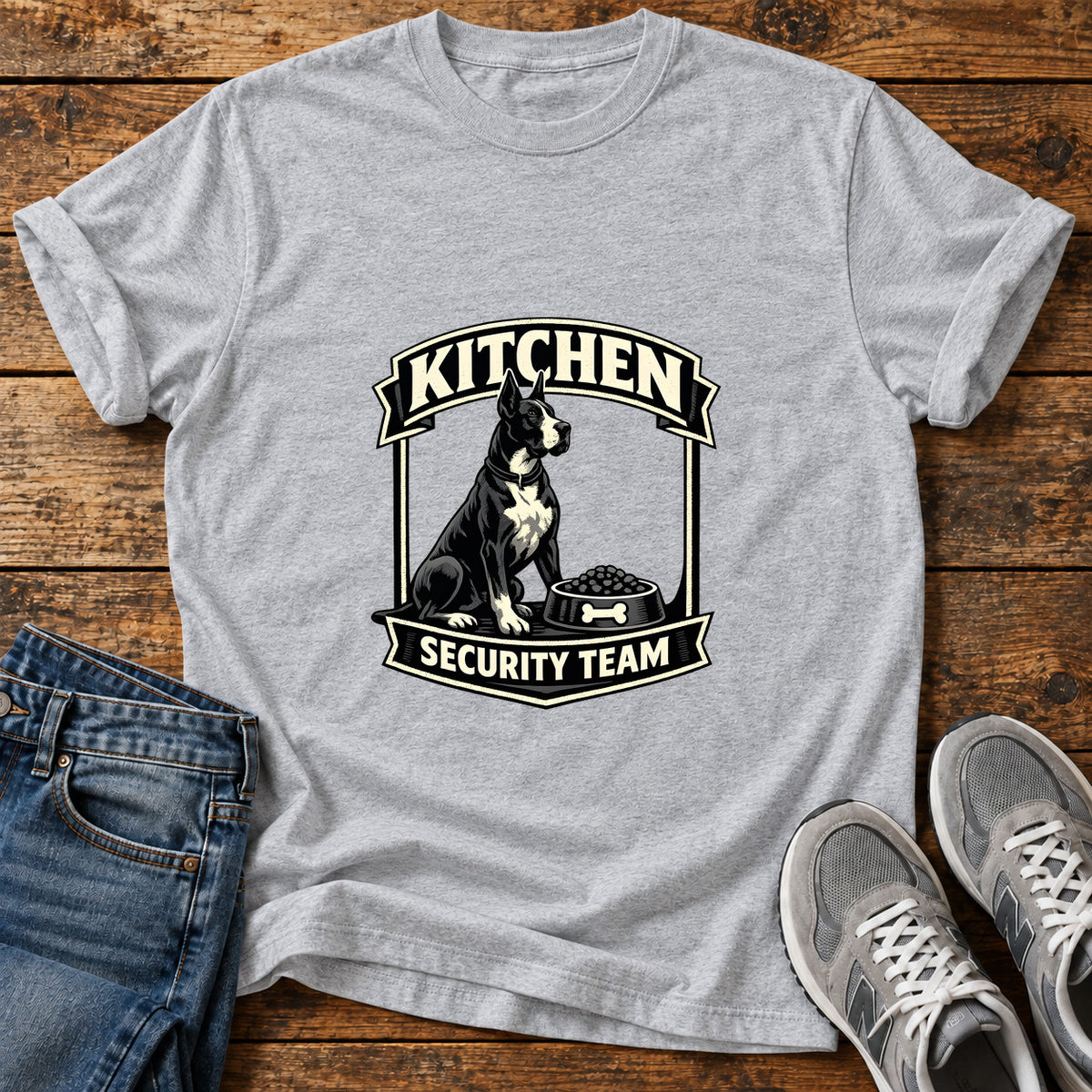 Kitchen Security Great Dane graphic T-shirt in Sport Grey, shown on a flat-lay shirt mockup