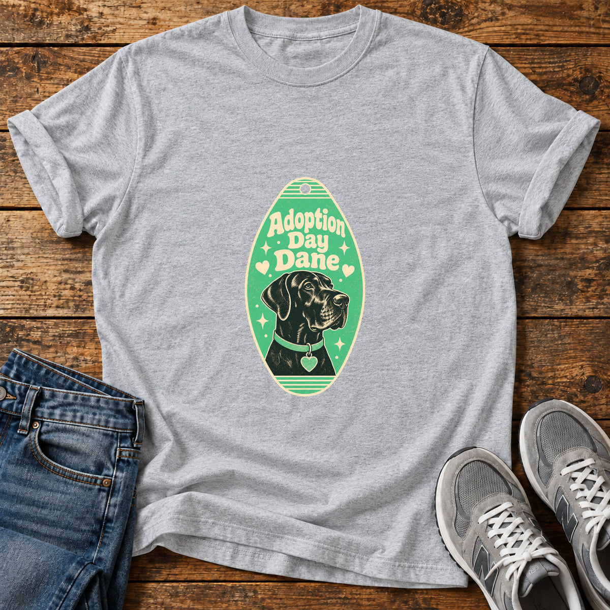 Adoption Day Dane Great Dane graphic T-shirt in Sport Grey, shown on a flat-lay shirt mockup