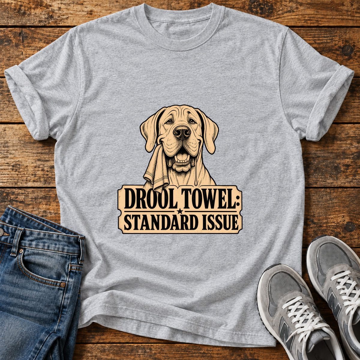 Drool Towel Standard Great Dane graphic T-shirt in Sport Grey, shown on a flat-lay shirt mockup