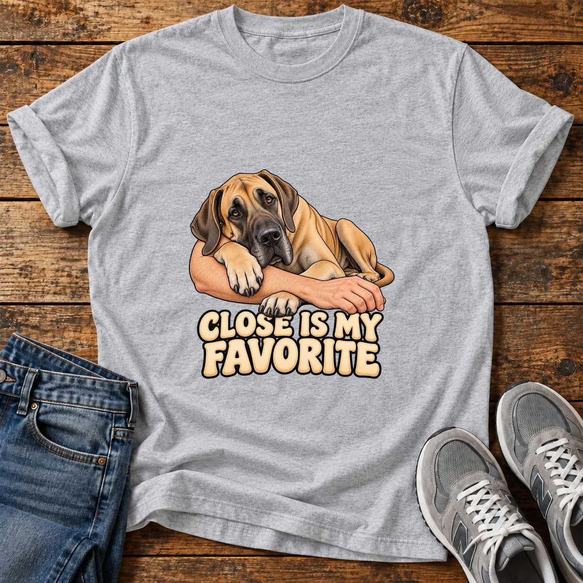 Close Favorite Great Dane graphic T-shirt in Sport Grey, shown on a flat-lay shirt mockup