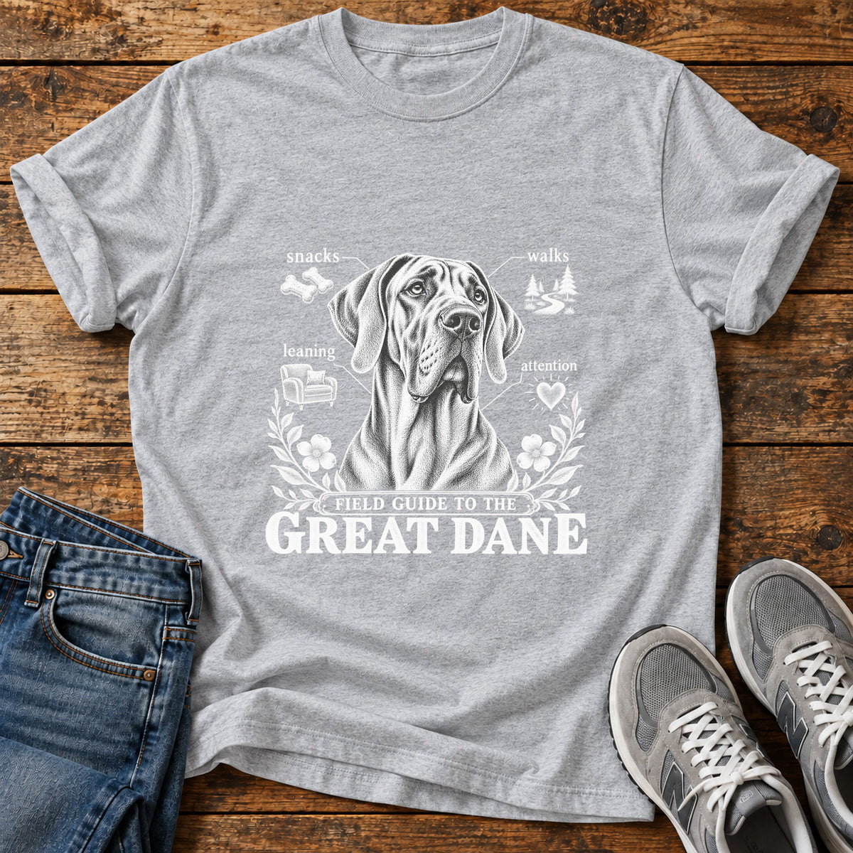 Great Dane Guide graphic T-shirt in Sport Grey, shown on a flat-lay shirt mockup
