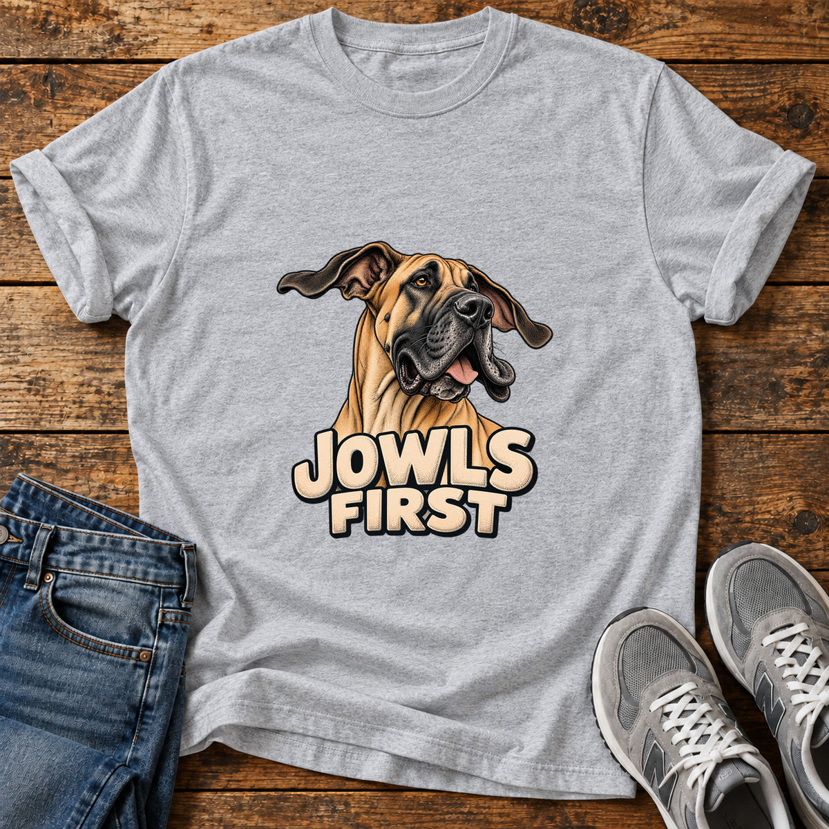 Jowls First Great Dane graphic T-shirt in Sport Grey, shown on a flat-lay shirt mockup