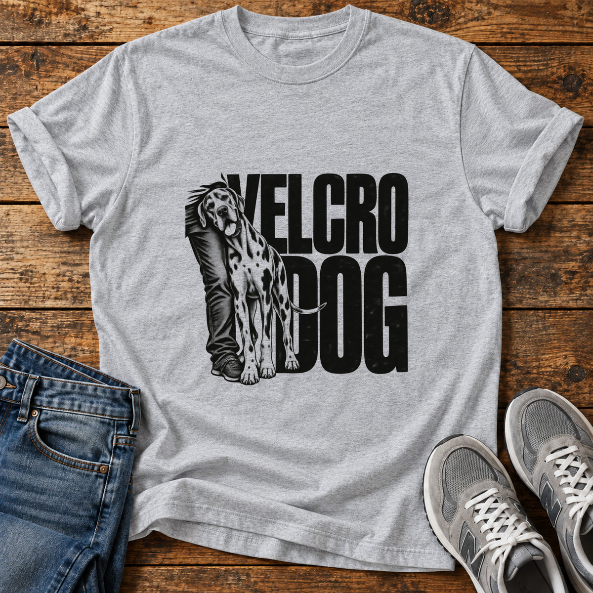 Velcro Dog Great Dane graphic T-shirt in Sport Grey, shown on a flat-lay shirt mockup