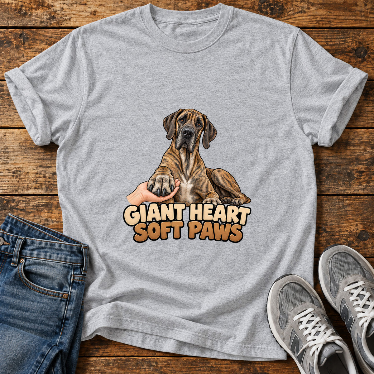 Giant Heart Great Dane graphic T-shirt in Sport Grey, shown on a flat-lay shirt mockup
