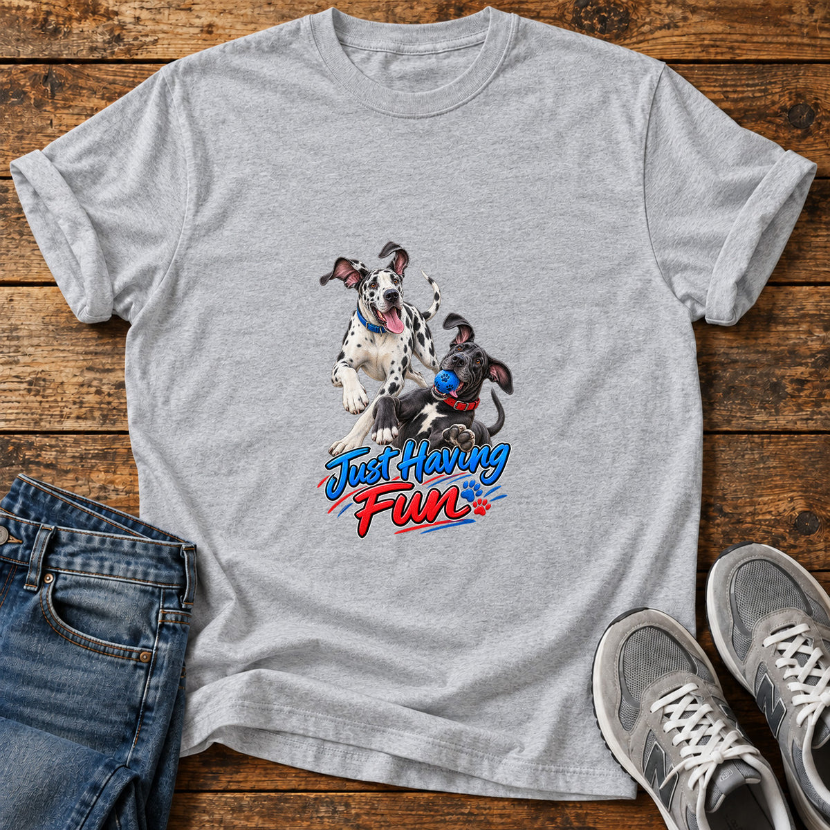 Just Having Fun Great Dane graphic T-shirt in Sport Grey, shown on a flat-lay shirt mockup