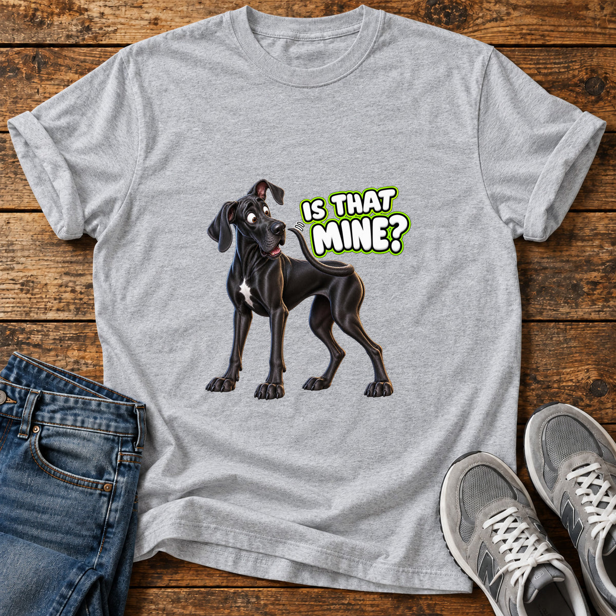 Is That Mine Great Dane graphic T-shirt in Sport Grey, shown on a flat-lay shirt mockup
