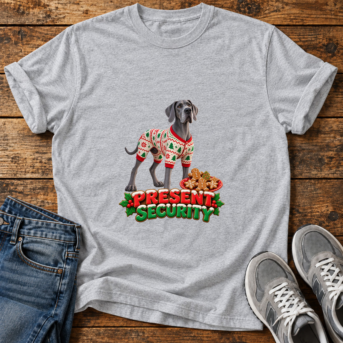 Present Security Great Dane graphic T-shirt in Sport Grey, shown on a flat-lay shirt mockup