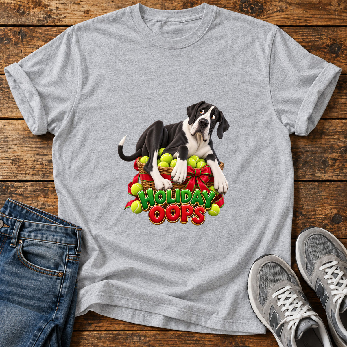 Holiday Oops Great Dane graphic T-shirt in Sport Grey, shown on a flat-lay shirt mockup