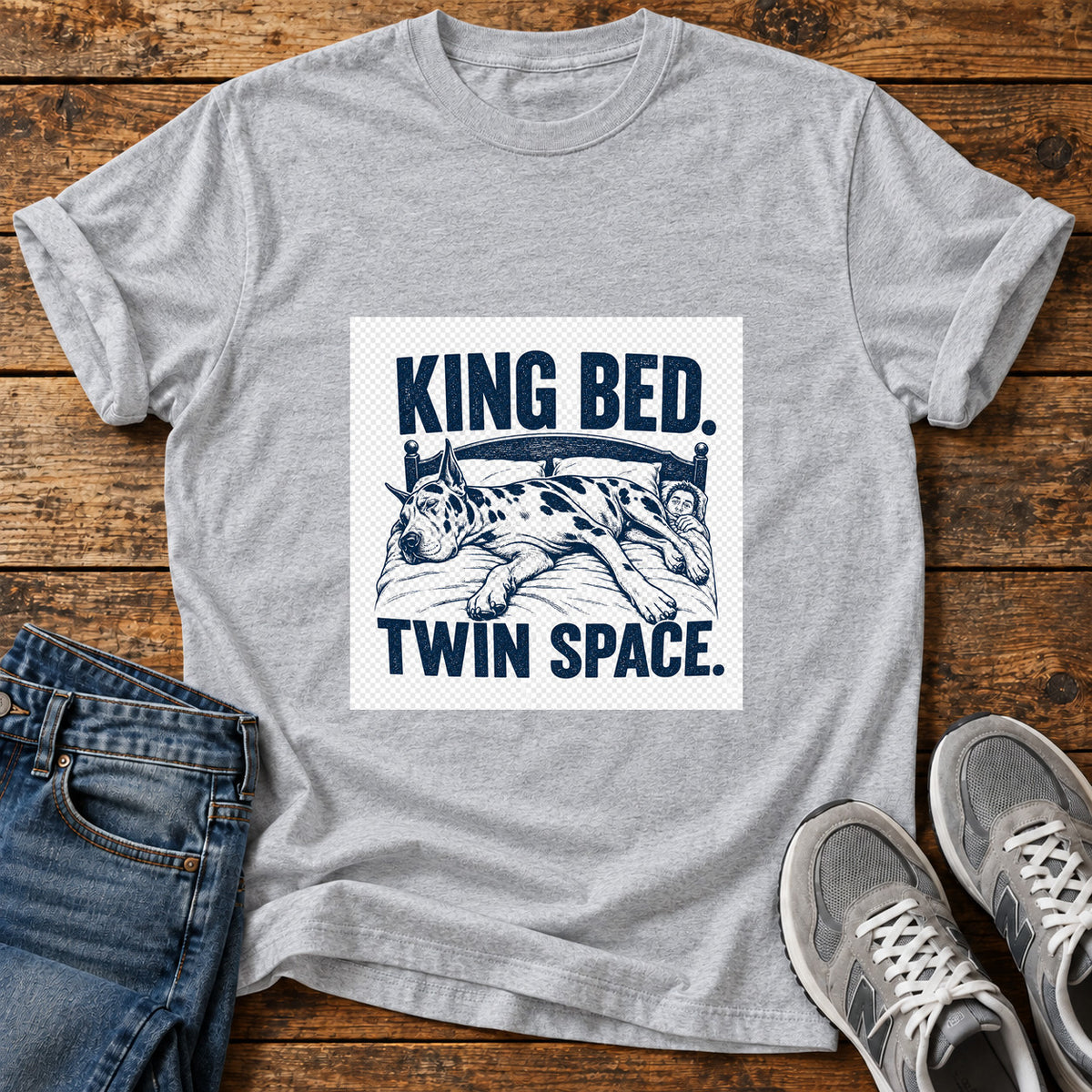 King Bed Great Dane graphic T-shirt in Sport Grey, shown on a flat-lay shirt mockup