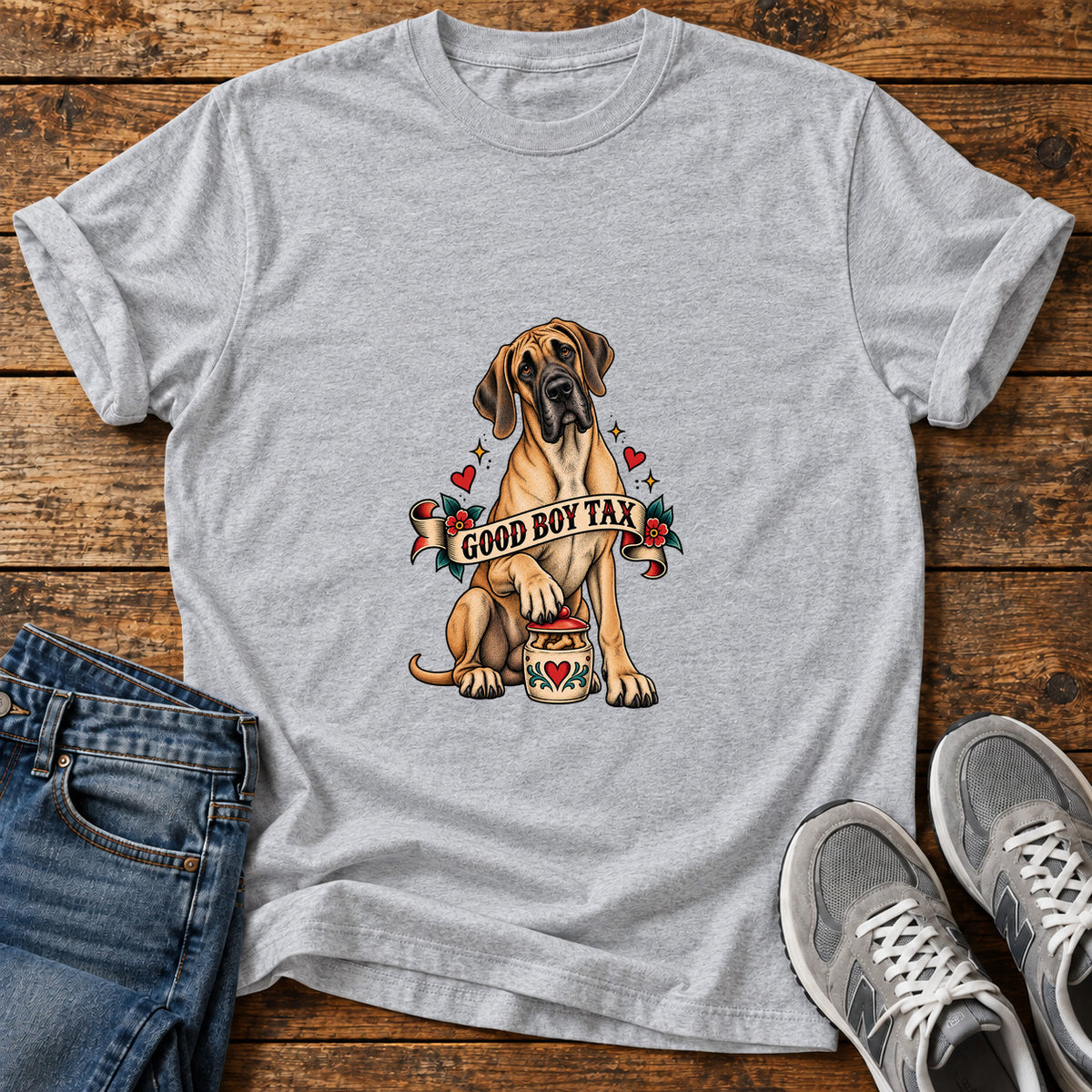 Good Boy Tax Great Dane graphic T-shirt in Sport Grey, shown on a flat-lay shirt mockup