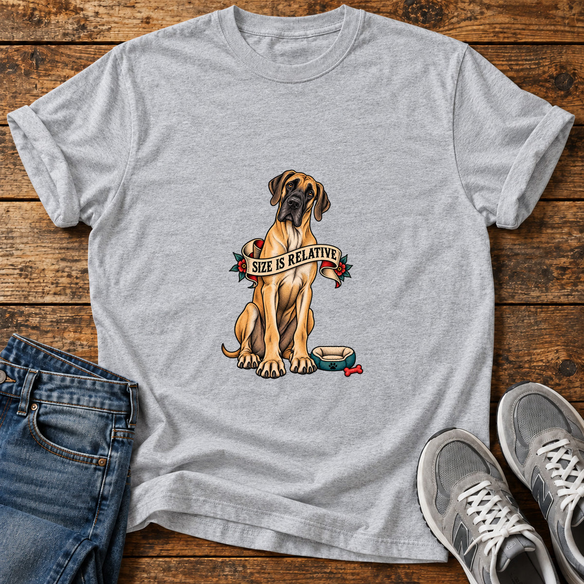 Size Is Relative Great Dane graphic T-shirt in Sport Grey, shown on a flat-lay shirt mockup
