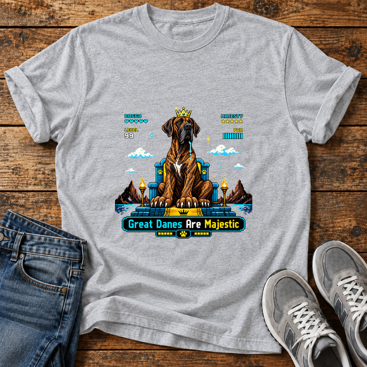 Great Danes Majestic graphic T-shirt in Sport Grey, shown on a flat-lay shirt mockup