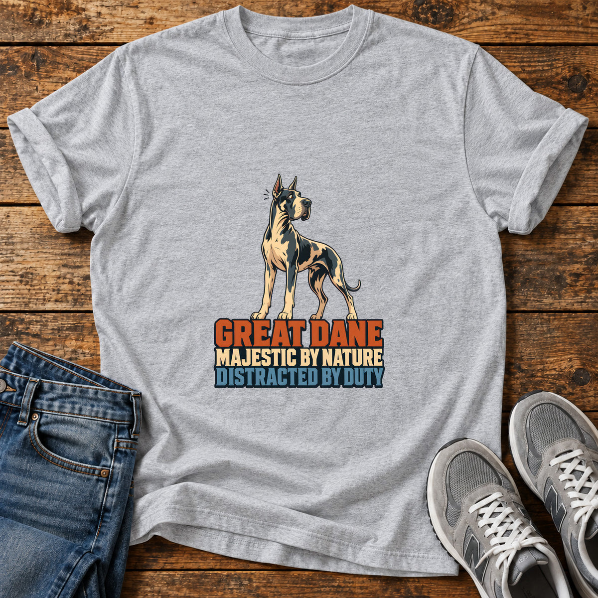 Great Dane Duty graphic T-shirt in Sport Grey, shown on a flat-lay shirt mockup
