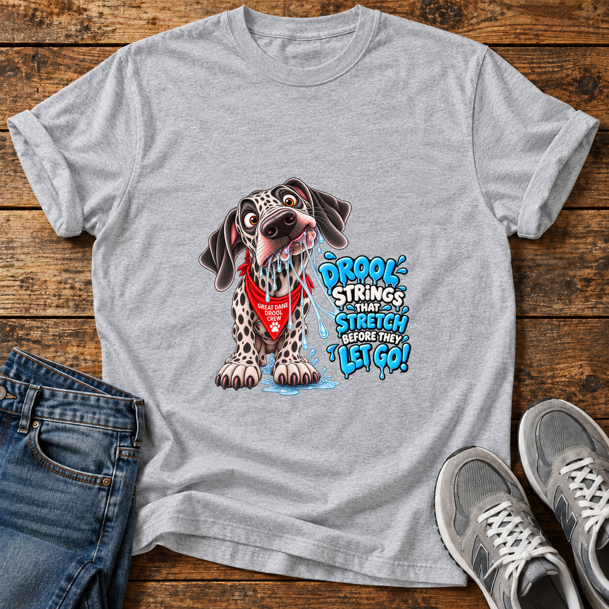 Drool Strings Stretch Great Dane graphic T-shirt in Sport Grey, shown on a flat-lay shirt mockup