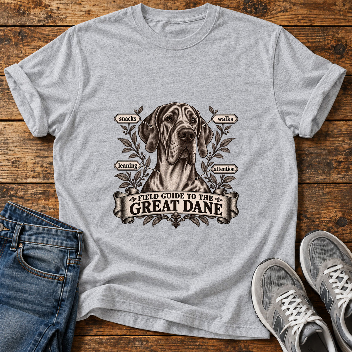Great Dane Guide graphic T-shirt in Sport Grey, shown on a flat-lay shirt mockup