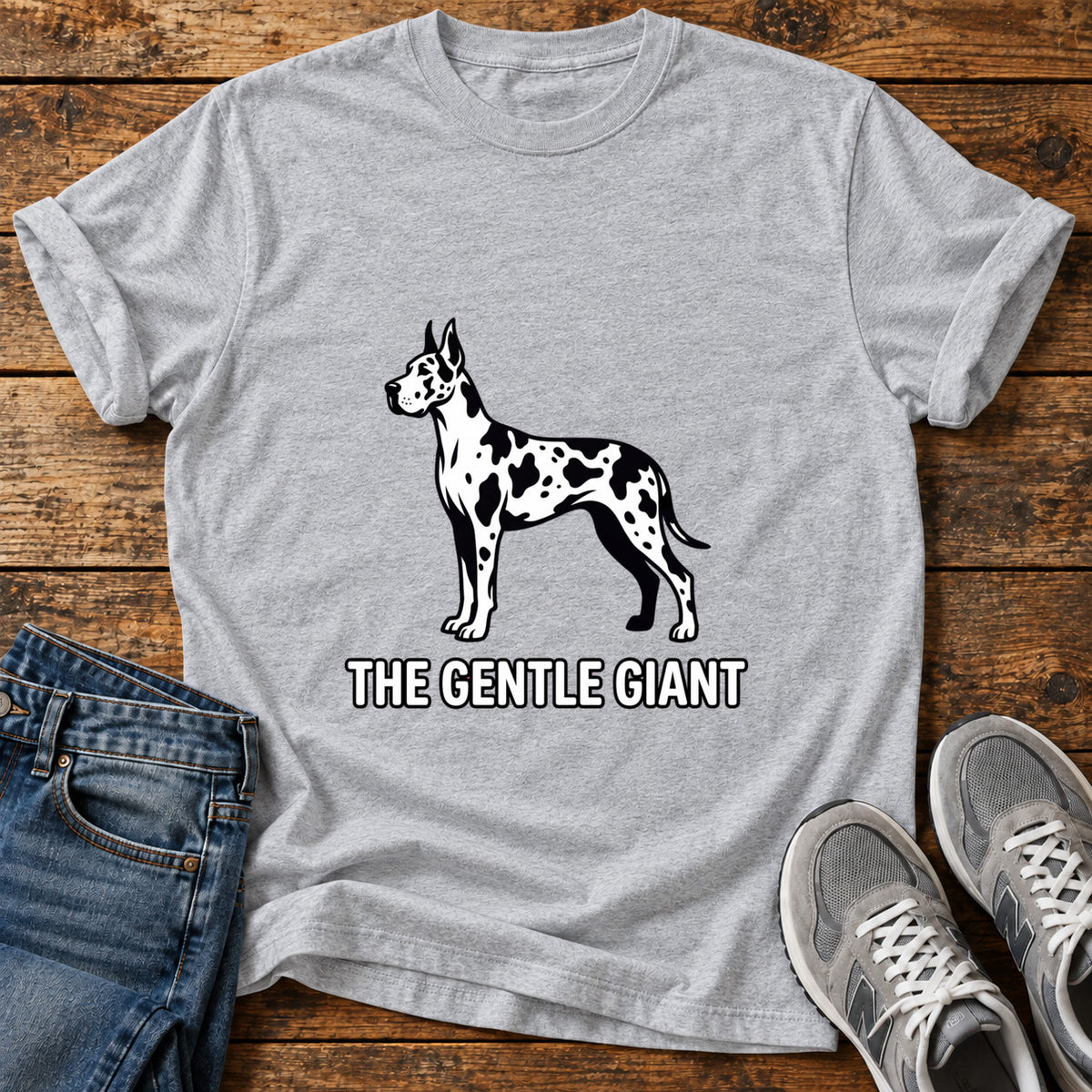 The Gentle Giant Great Dane graphic T-shirt in Sport Grey, shown on a flat-lay shirt mockup