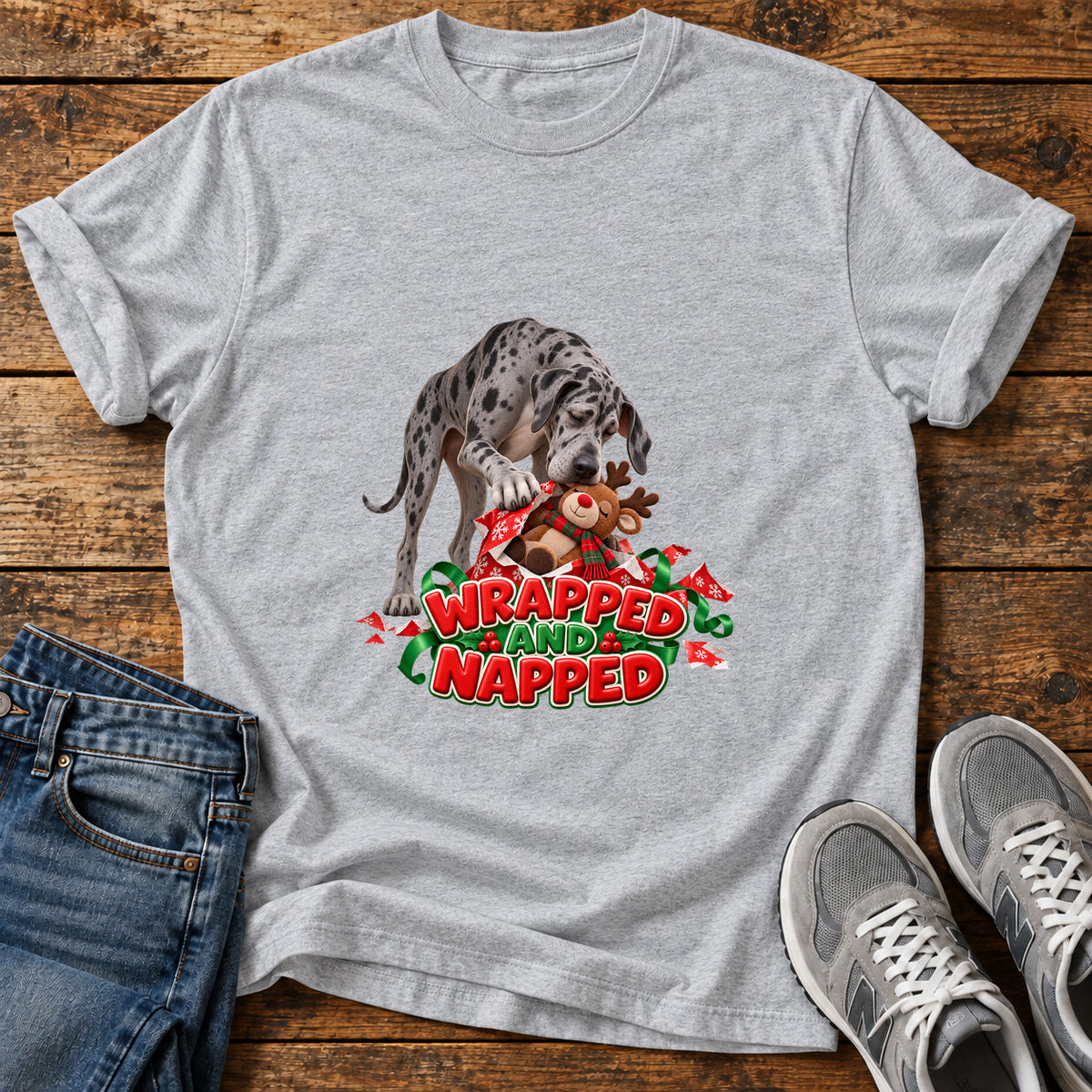 Wrapped Napped Great Dane graphic T-shirt in Sport Grey, shown on a flat-lay shirt mockup