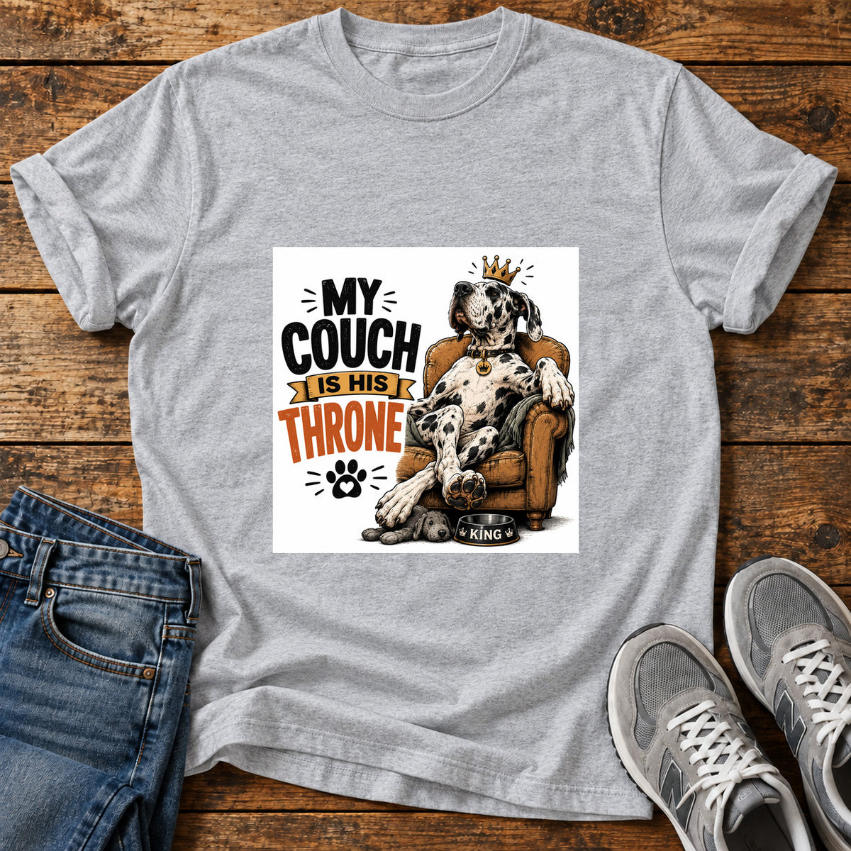 Couch Throne Great Dane graphic T-shirt in Sport Grey, shown on a flat-lay shirt mockup