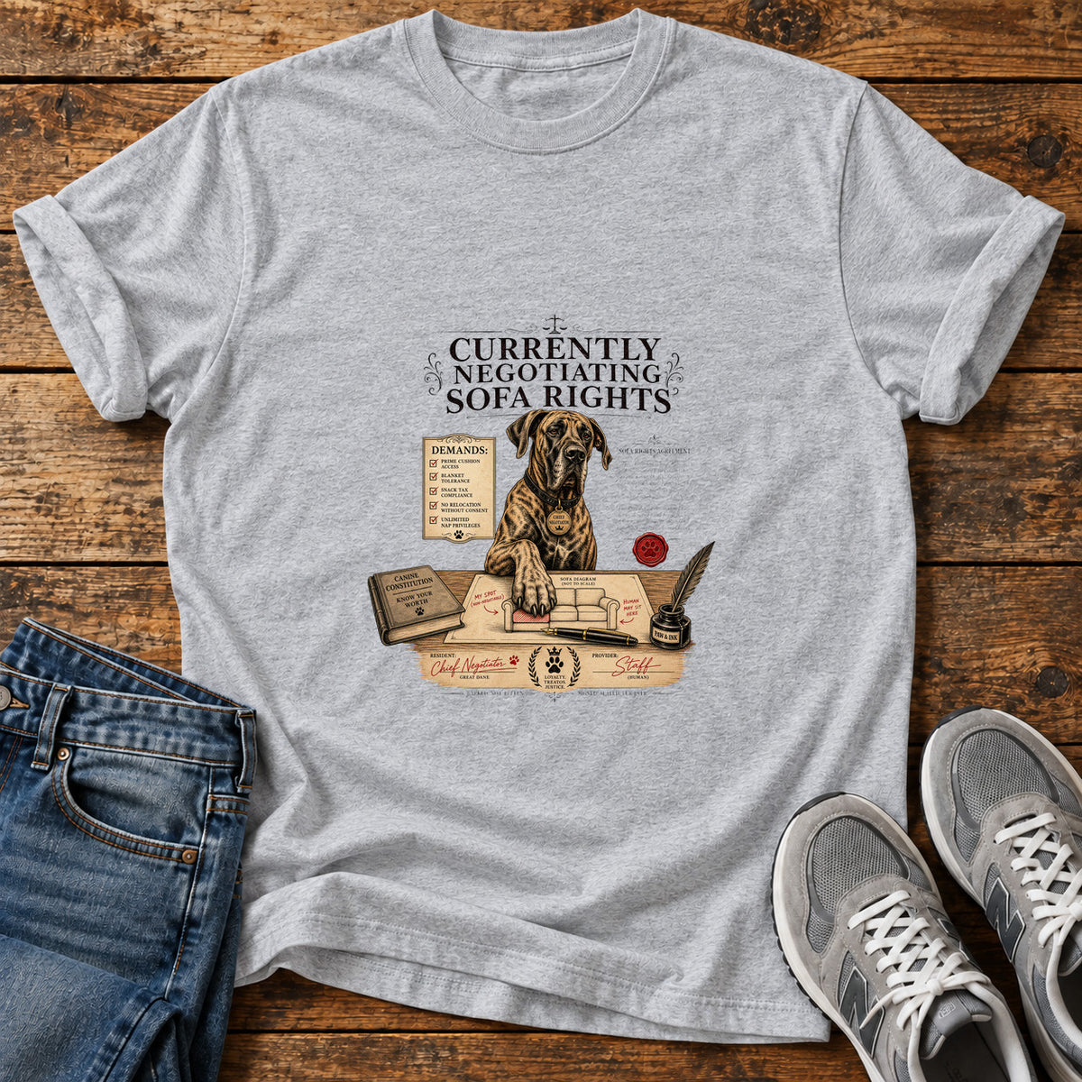 Sofa Rights Negotiation Great Dane graphic T-shirt in Sport Grey, shown on a flat-lay shirt mockup