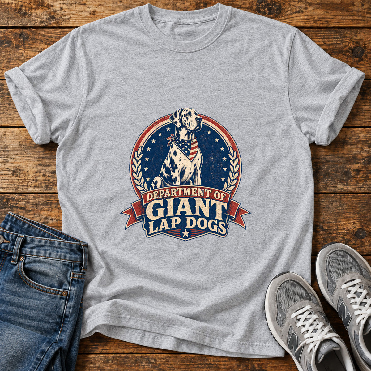 Giant Lap Dogs Great Dane graphic T-shirt in Sport Grey, shown on a flat-lay shirt mockup