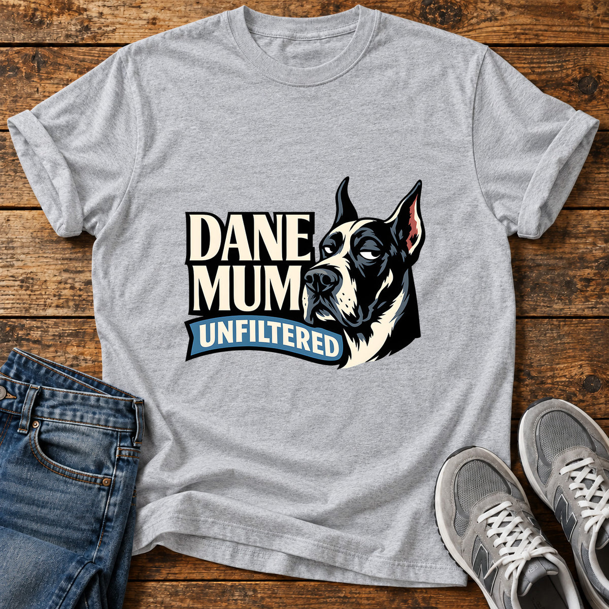 Dane Mum Unfiltered Great Dane graphic T-shirt in Sport Grey, shown on a flat-lay shirt mockup