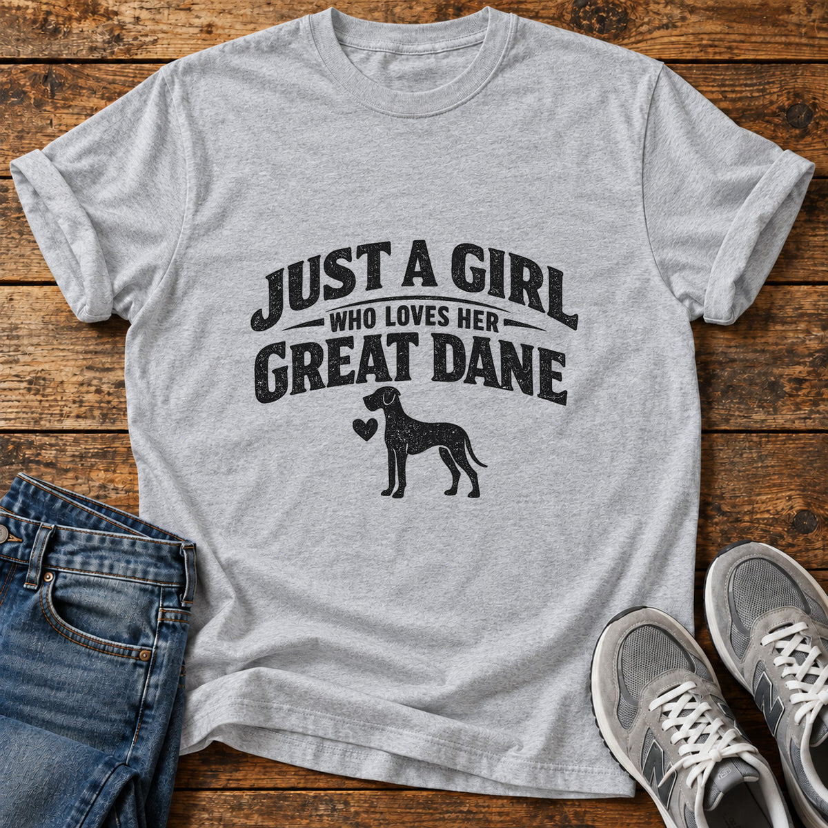 Girl Loves Great Great Dane graphic T-shirt in Sport Grey, shown on a flat-lay shirt mockup