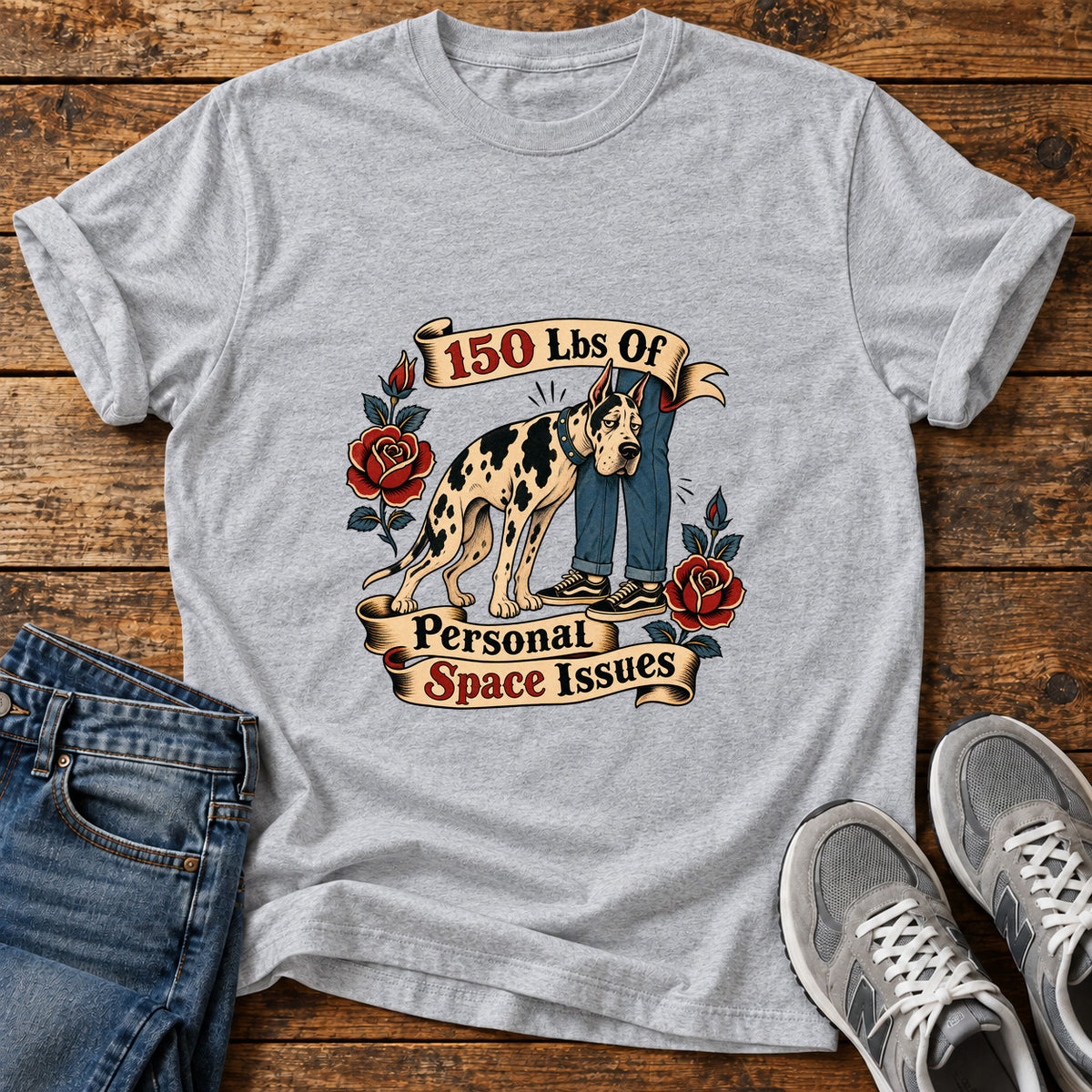 Personal Space Issues Great Dane graphic T-shirt in Sport Grey, shown on a flat-lay shirt mockup