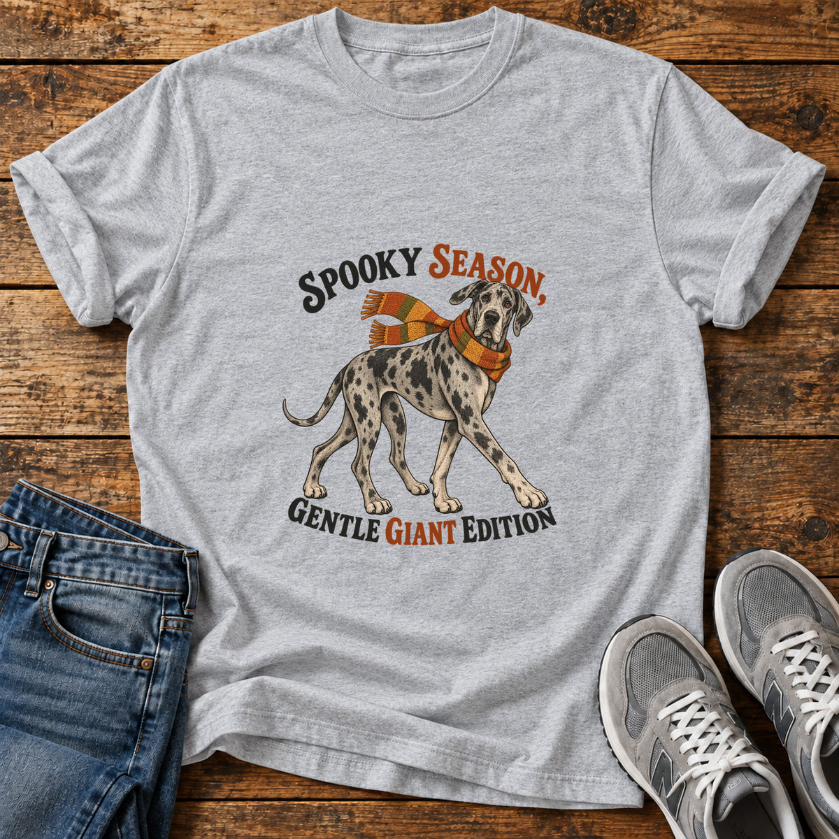 Spooky Giant Edition Great Dane graphic T-shirt in Sport Grey, shown on a flat-lay shirt mockup