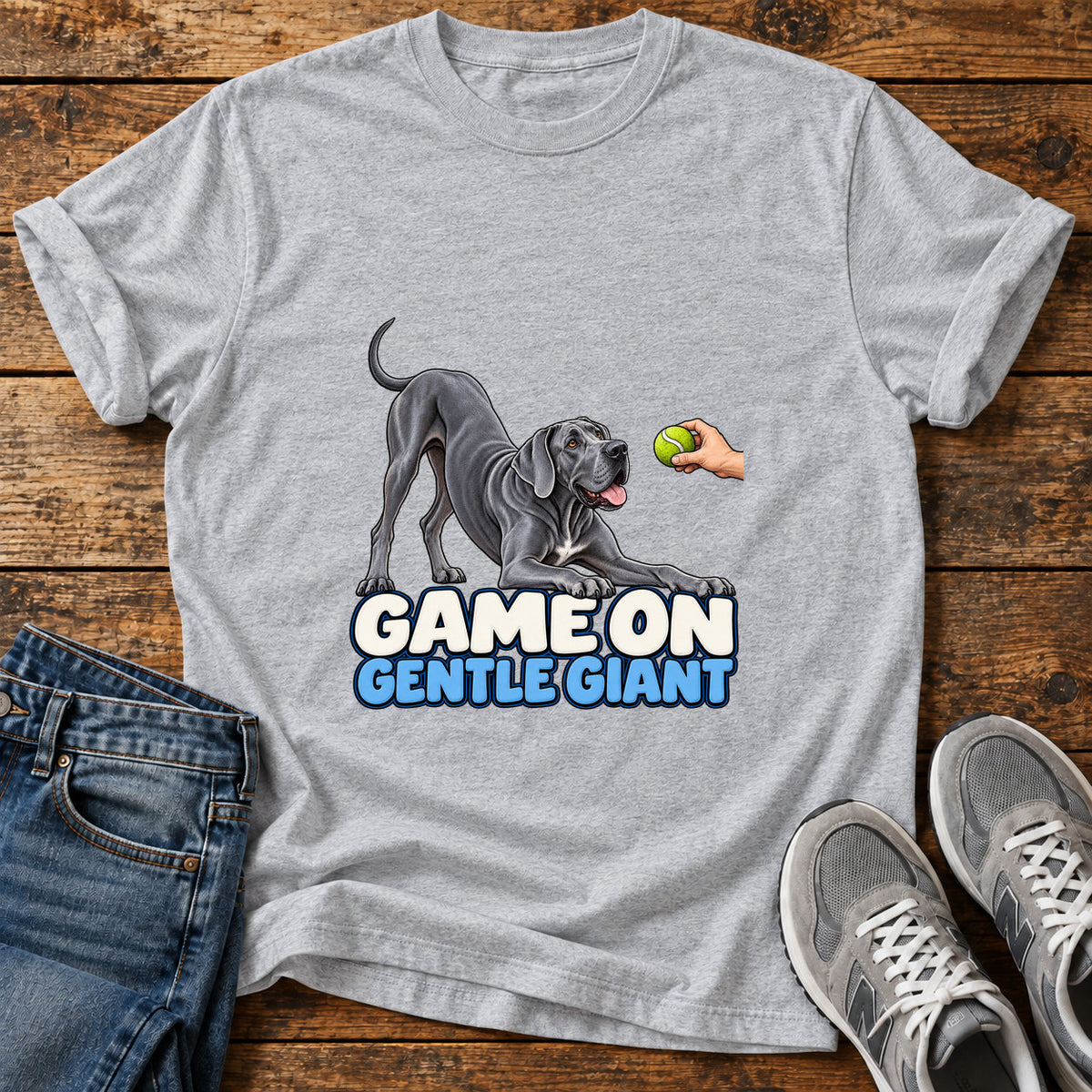 Game On Giant Great Dane graphic T-shirt in Sport Grey, shown on a flat-lay shirt mockup