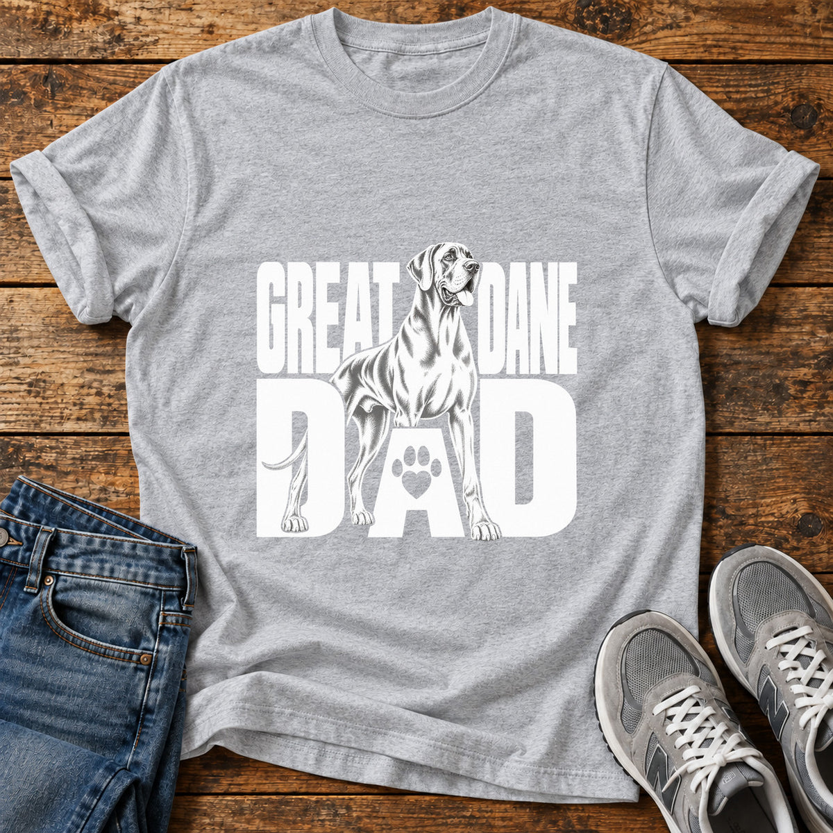 Great Dane Dad graphic T-shirt in Sport Grey, shown on a flat-lay shirt mockup