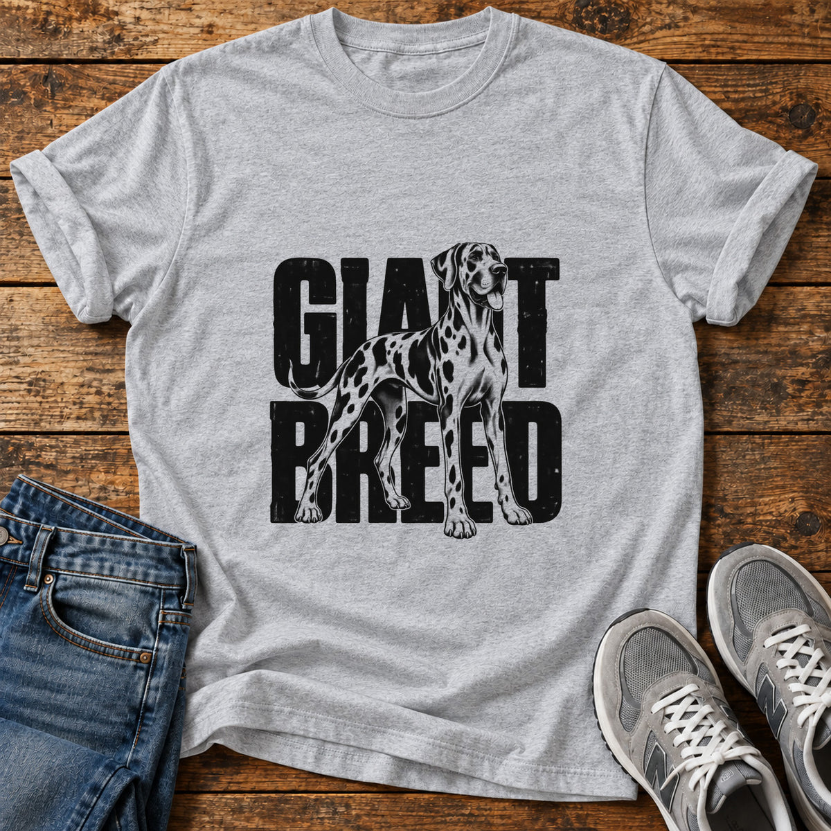 Giant Breed Great Dane graphic T-shirt in Sport Grey, shown on a flat-lay shirt mockup