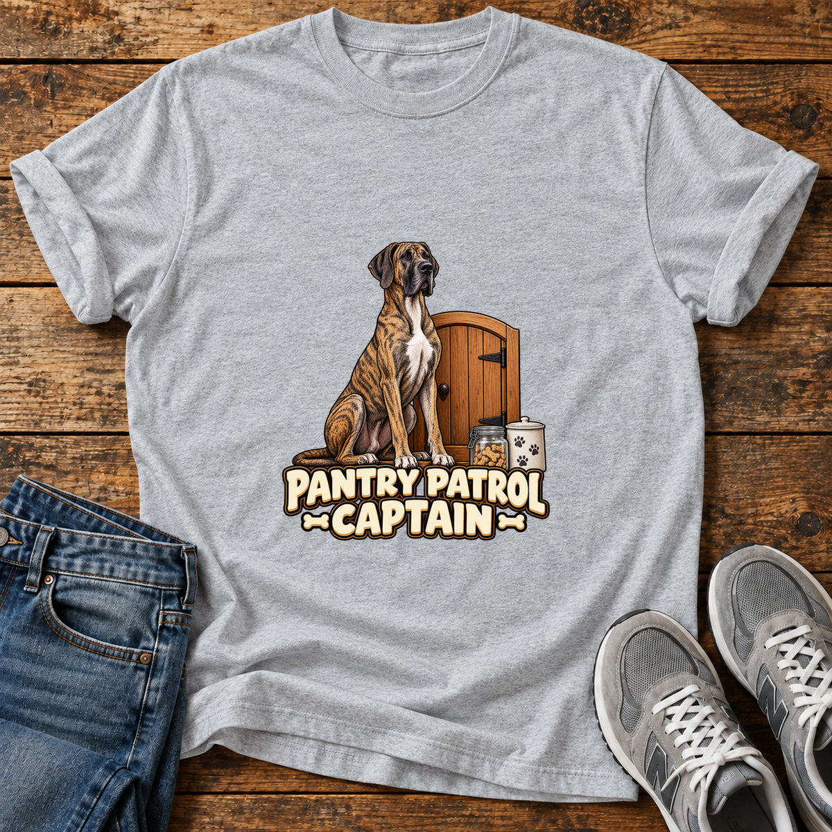Pantry Patrol Captain Great Dane graphic T-shirt in Sport Grey, shown on a flat-lay shirt mockup