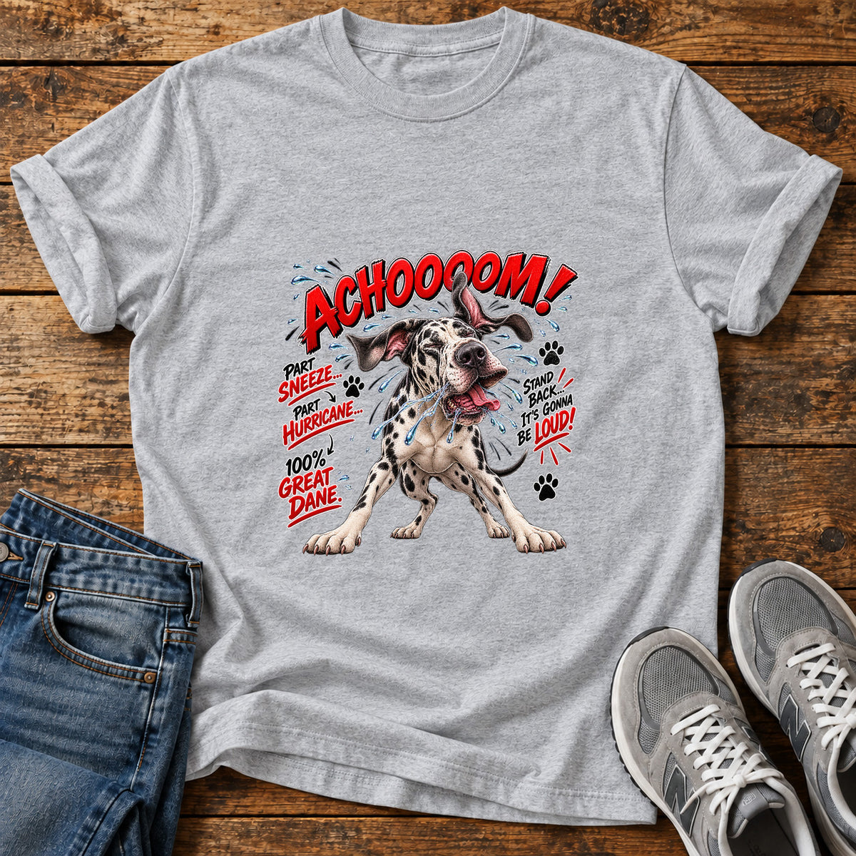 Achoooom Hurricane Great Dane graphic T-shirt in Sport Grey, shown on a flat-lay shirt mockup