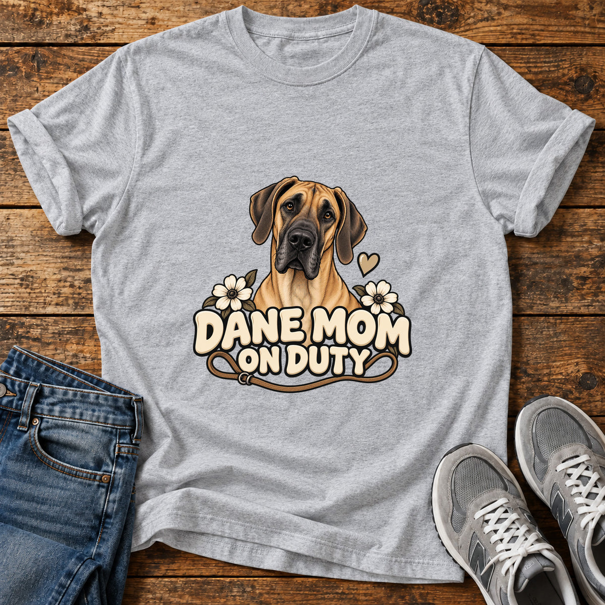 Dane Mom Duty Great Dane graphic T-shirt in Sport Grey, shown on a flat-lay shirt mockup