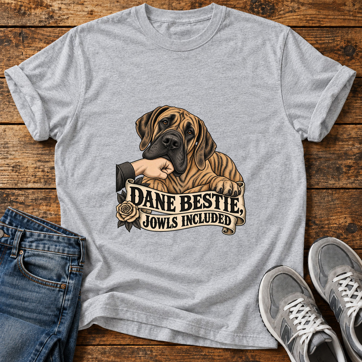 Dane Bestie Jowls Great Dane graphic T-shirt in Sport Grey, shown on a flat-lay shirt mockup
