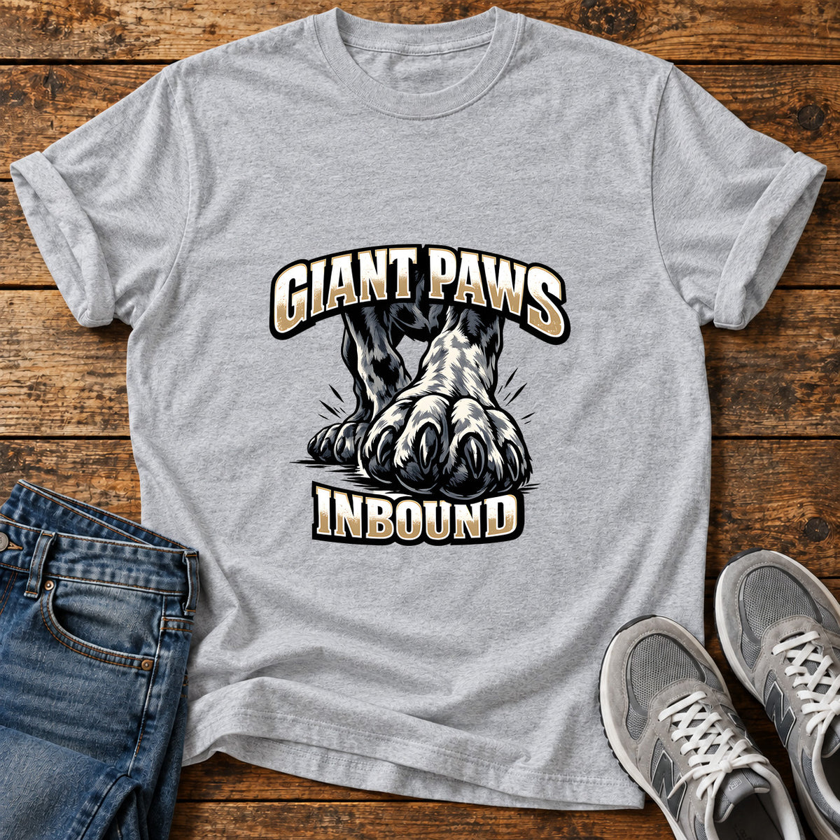 Giant Paws Inbound Great Dane graphic T-shirt in Sport Grey, shown on a flat-lay shirt mockup