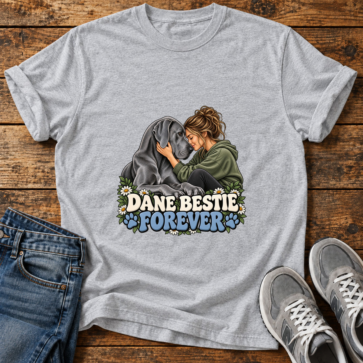 Dane Bestie Forever Great Dane graphic T-shirt in Sport Grey, shown on a flat-lay shirt mockup