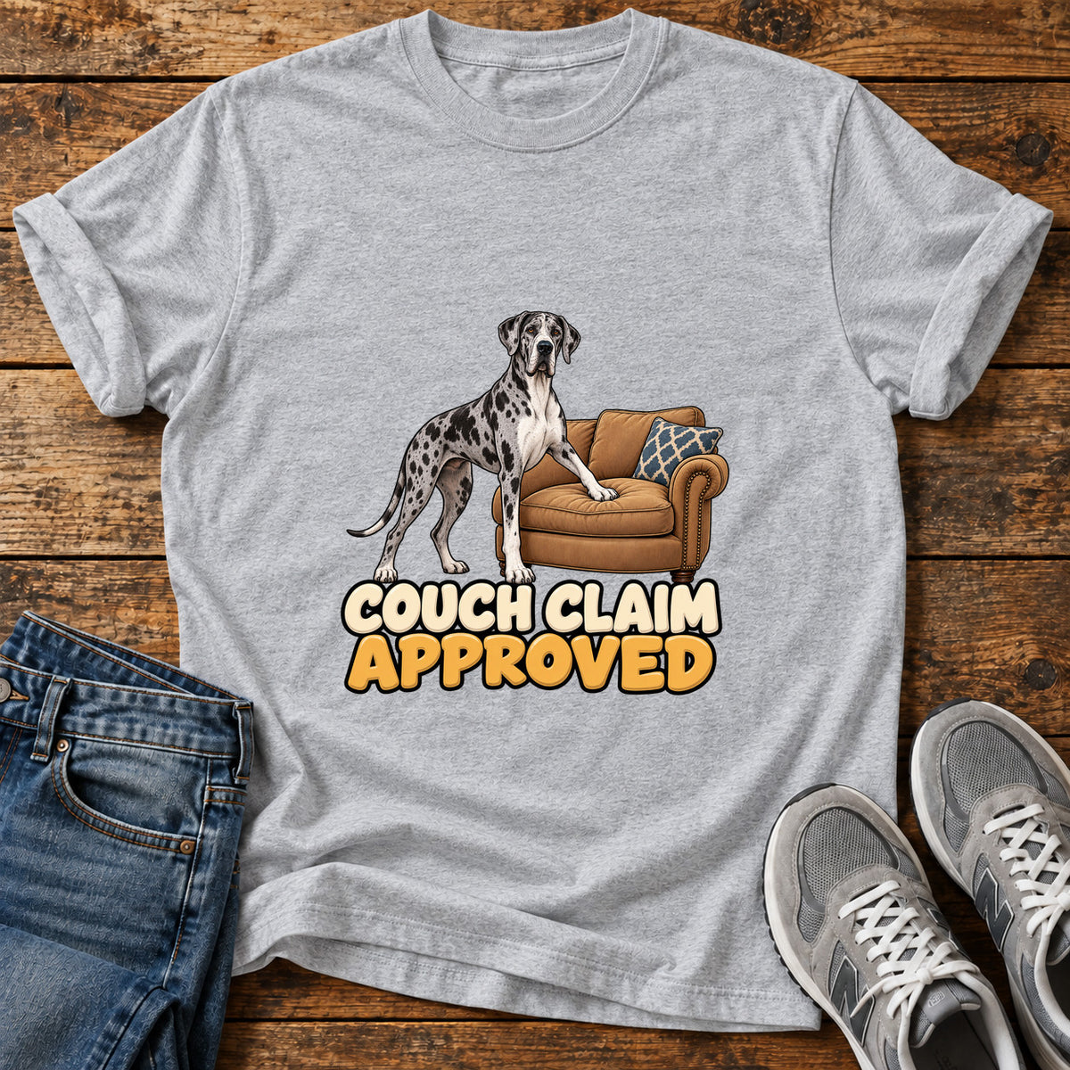 Couch Claim Approved Great Dane graphic T-shirt in Sport Grey, shown on a flat-lay shirt mockup