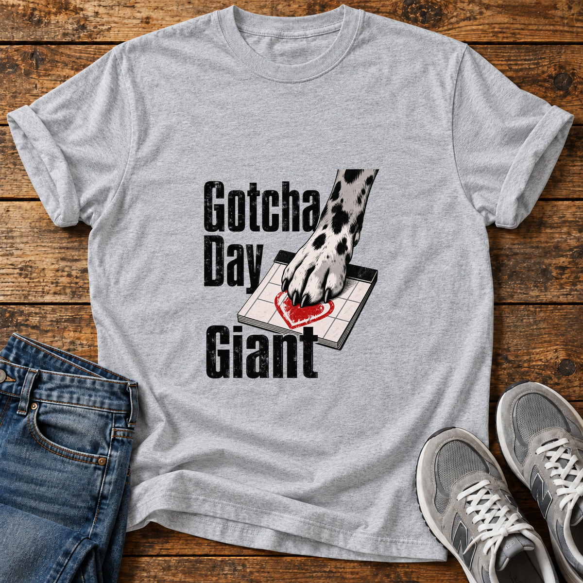 Gotcha Day Giant Great Dane graphic T-shirt in Sport Grey, shown on a flat-lay shirt mockup