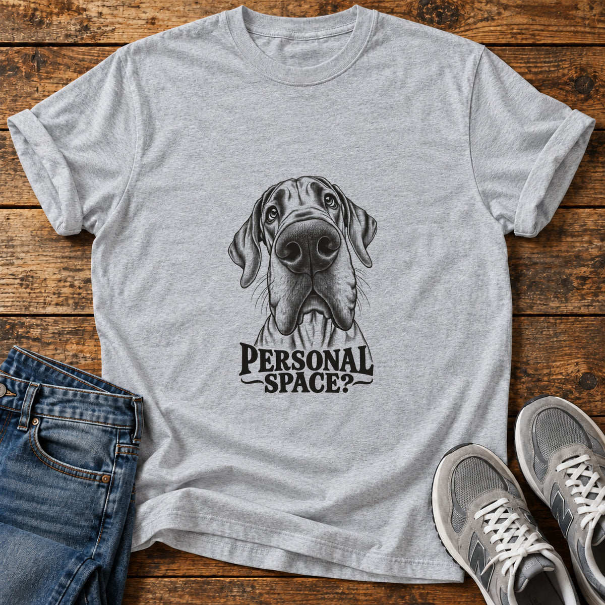 Personal Space Great Dane graphic T-shirt in Sport Grey, shown on a flat-lay shirt mockup