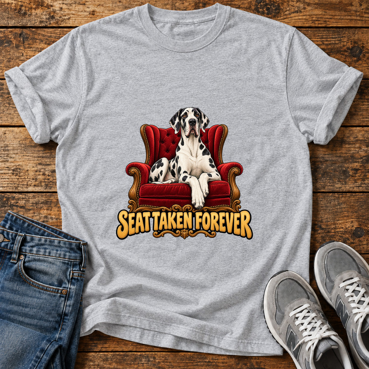 Seat Taken Great Dane graphic T-shirt in Sport Grey, shown on a flat-lay shirt mockup