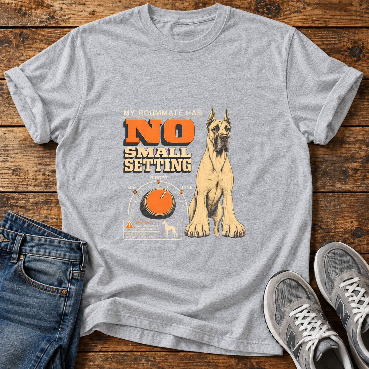 No Small Setting Great Dane graphic T-shirt in Sport Grey, shown on a flat-lay shirt mockup