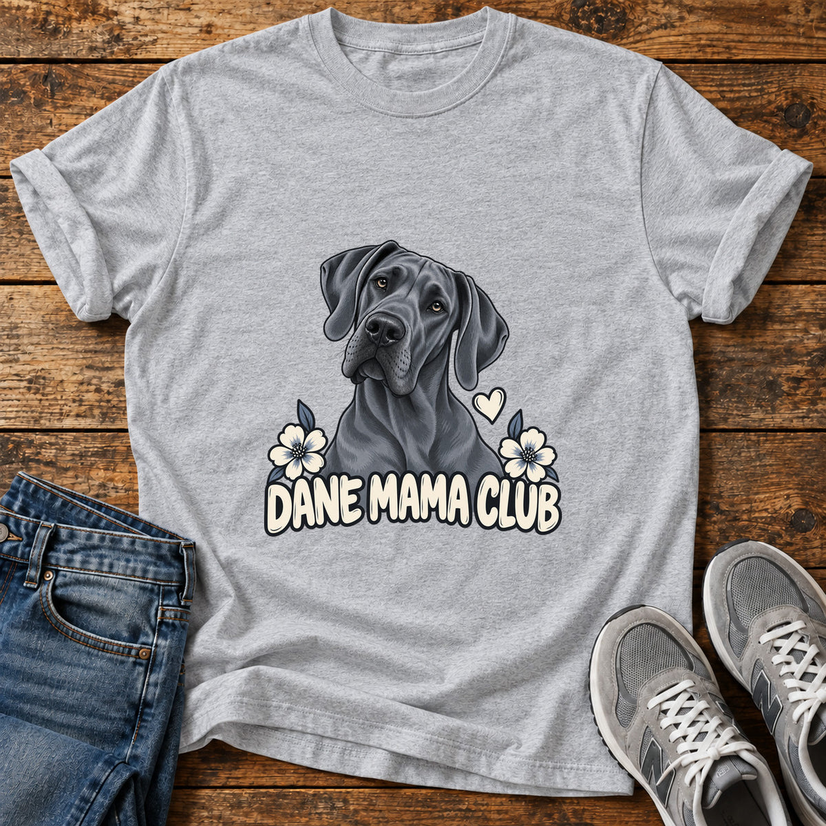Dane Mama Club Great Dane graphic T-shirt in Sport Grey, shown on a flat-lay shirt mockup