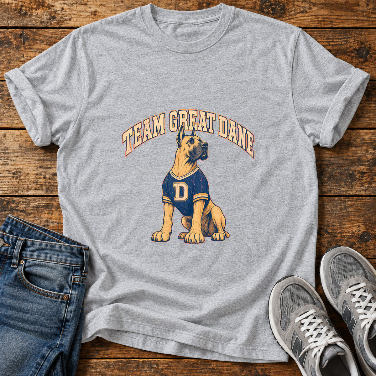 Team Great Dane graphic T-shirt in Sport Grey, shown on a flat-lay shirt mockup