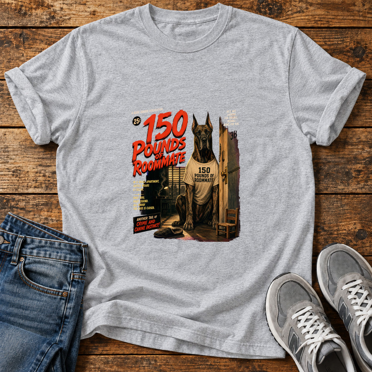 150 Pounds Roommate Great Dane graphic T-shirt in Sport Grey, shown on a flat-lay shirt mockup