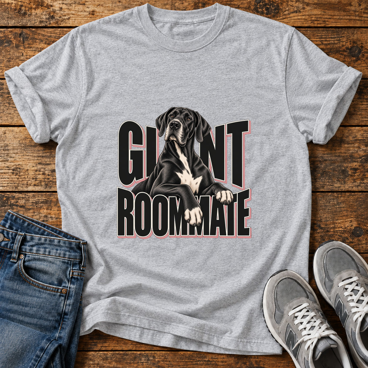 Giant Roommate Great Dane graphic T-shirt in Sport Grey, shown on a flat-lay shirt mockup