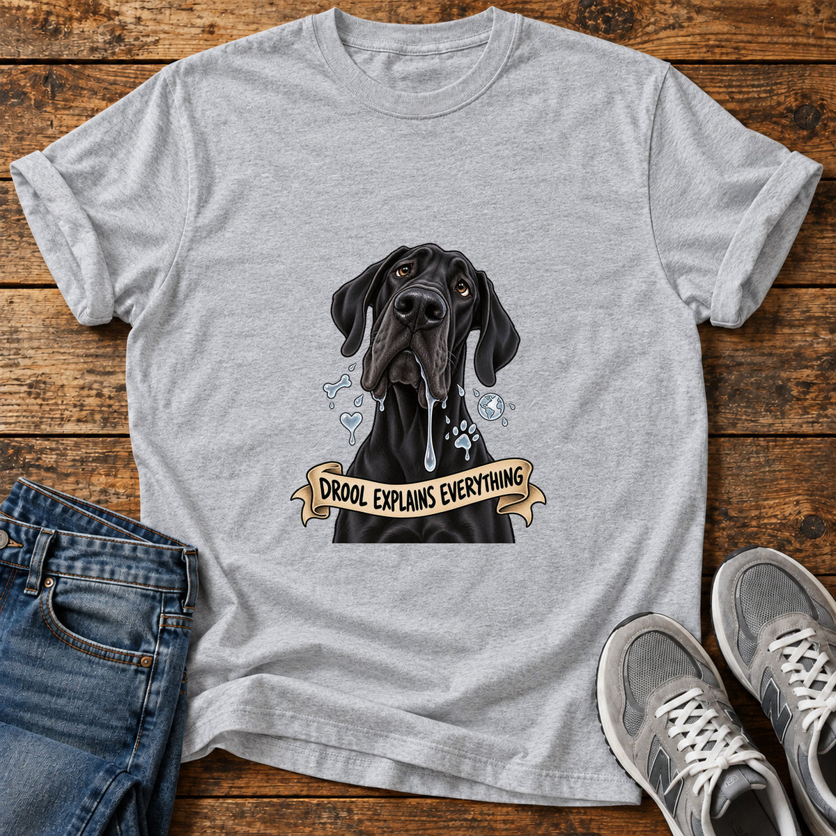 Drool Explains Everything Great Dane graphic T-shirt in Sport Grey, shown on a flat-lay shirt mockup