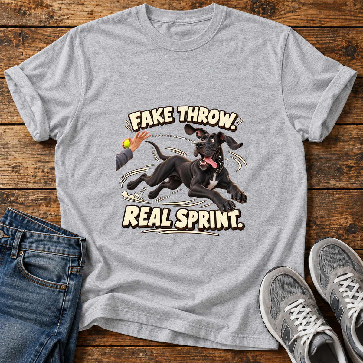 Fake Throw Sprint Great Dane graphic T-shirt in Sport Grey, shown on a flat-lay shirt mockup