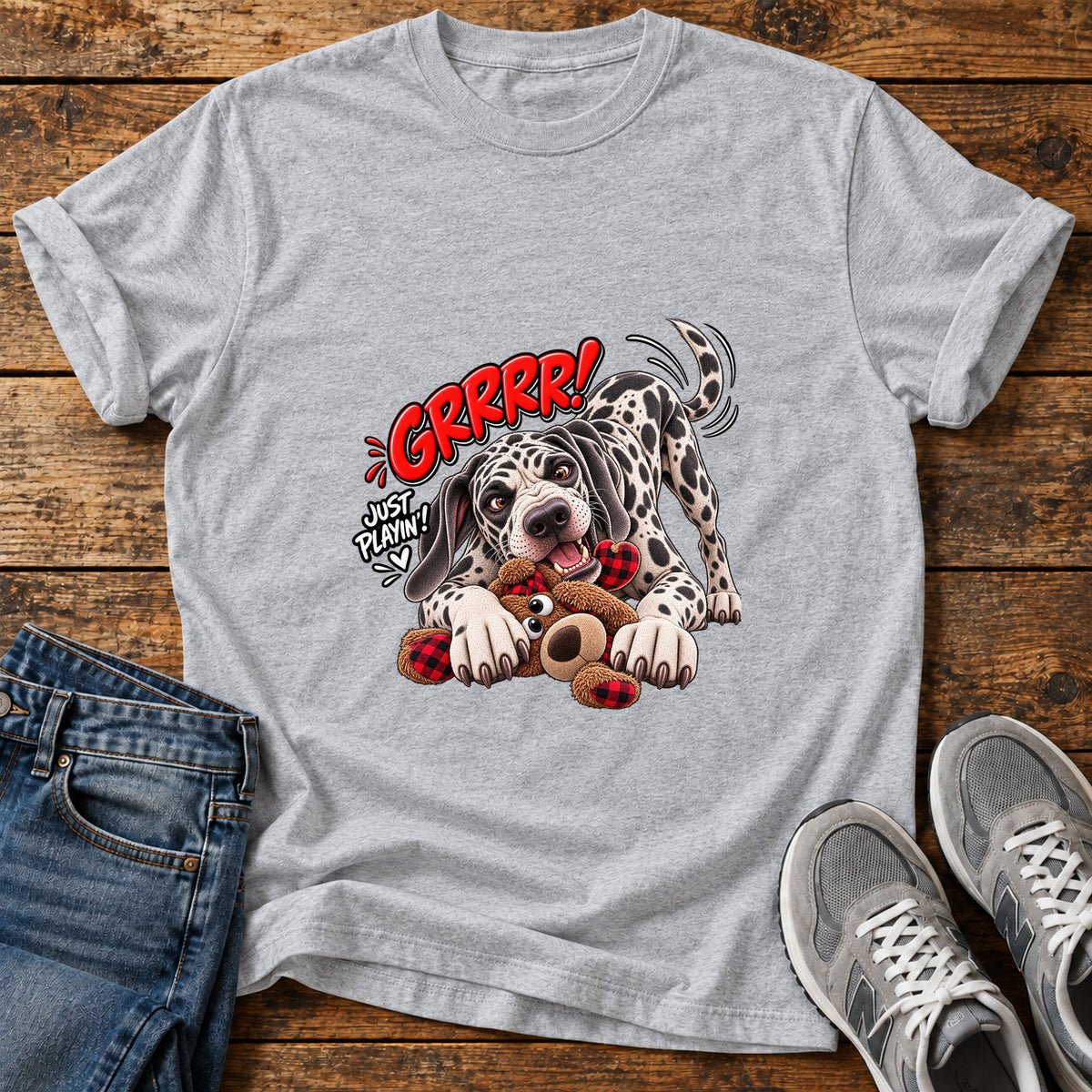 Grrr Just Playin Great Dane graphic T-shirt in Sport Grey, shown on a flat-lay shirt mockup